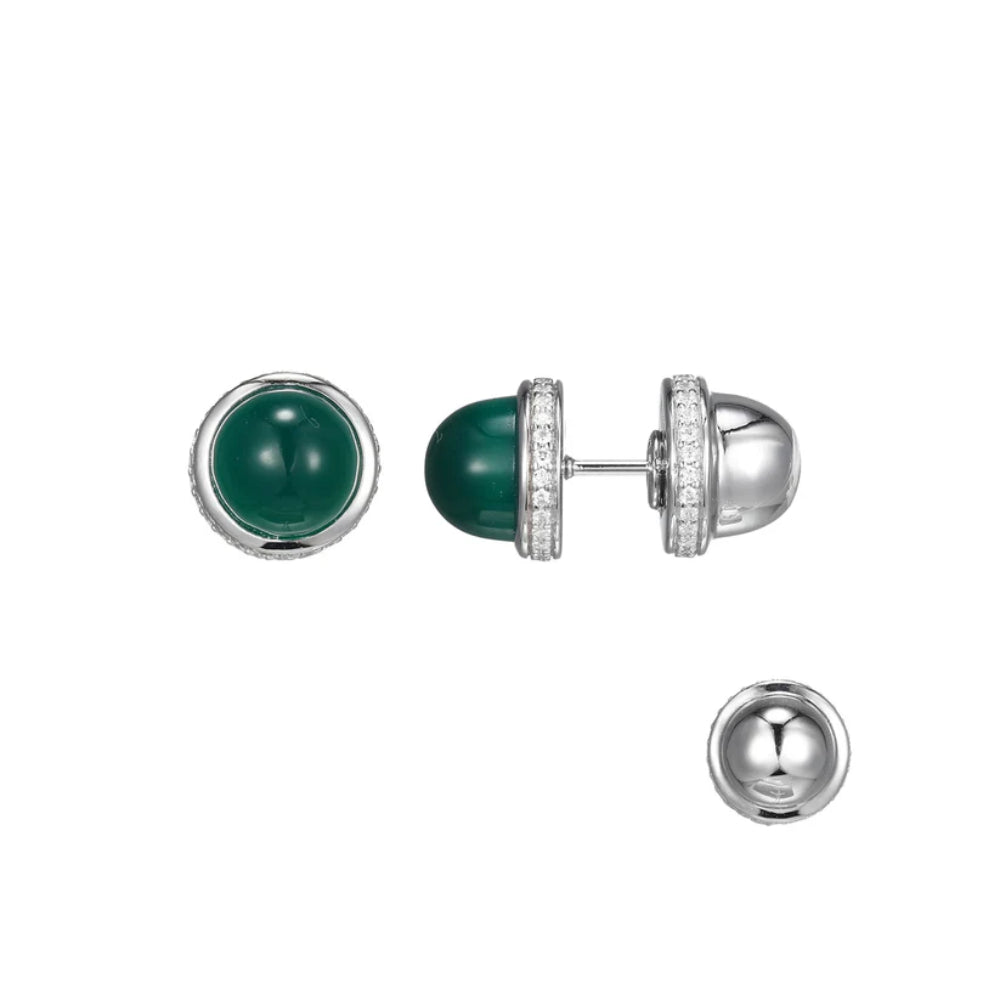 Elle Sterling Silver "Pivot" Green Agate Cabochon Stud Earrings