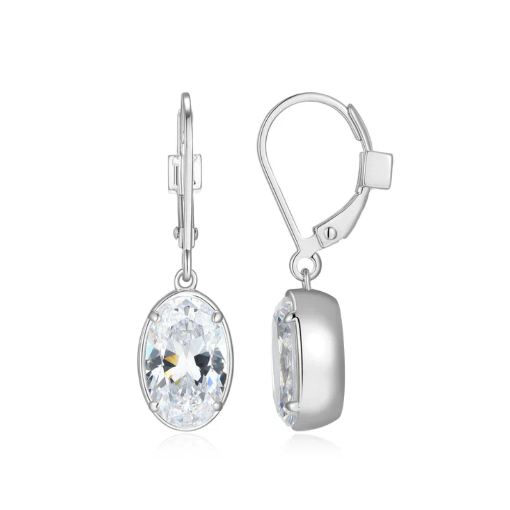 Sterling Silver "Serenelle" Rhodium Plated leverback earrings with oval Cubic Zirconia stone