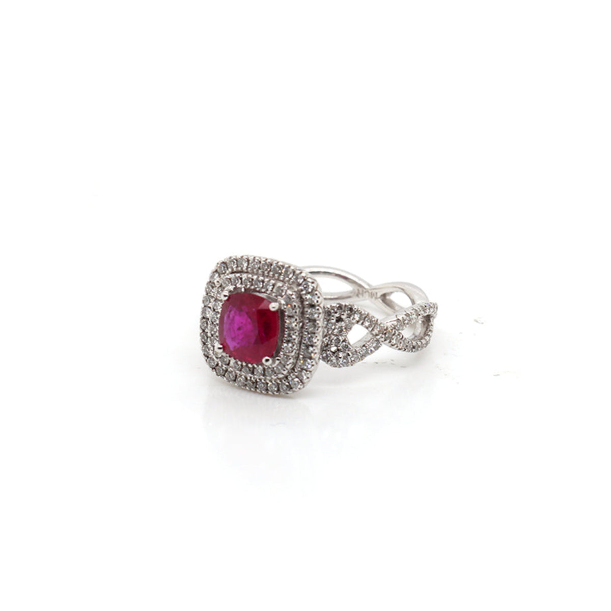 18k White Gold Infinity Twist Shank Ruby and Diamond Double Halo Ring
