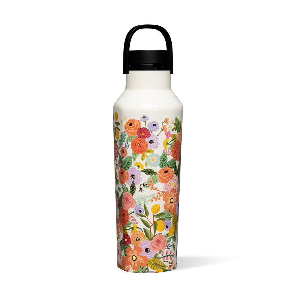 A white water bottle with a colorful floral-pattern with a black lid on a white background.