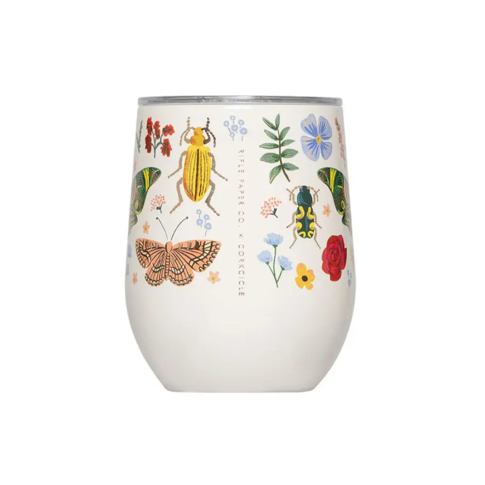 White tumbler with insect and floral designs on a white background.