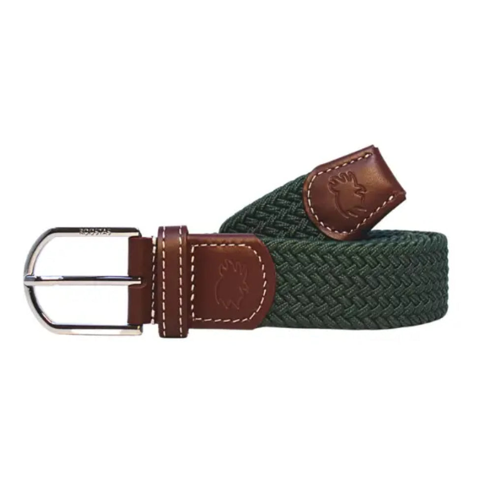 Green woven belt with brown leather buckle on a white background