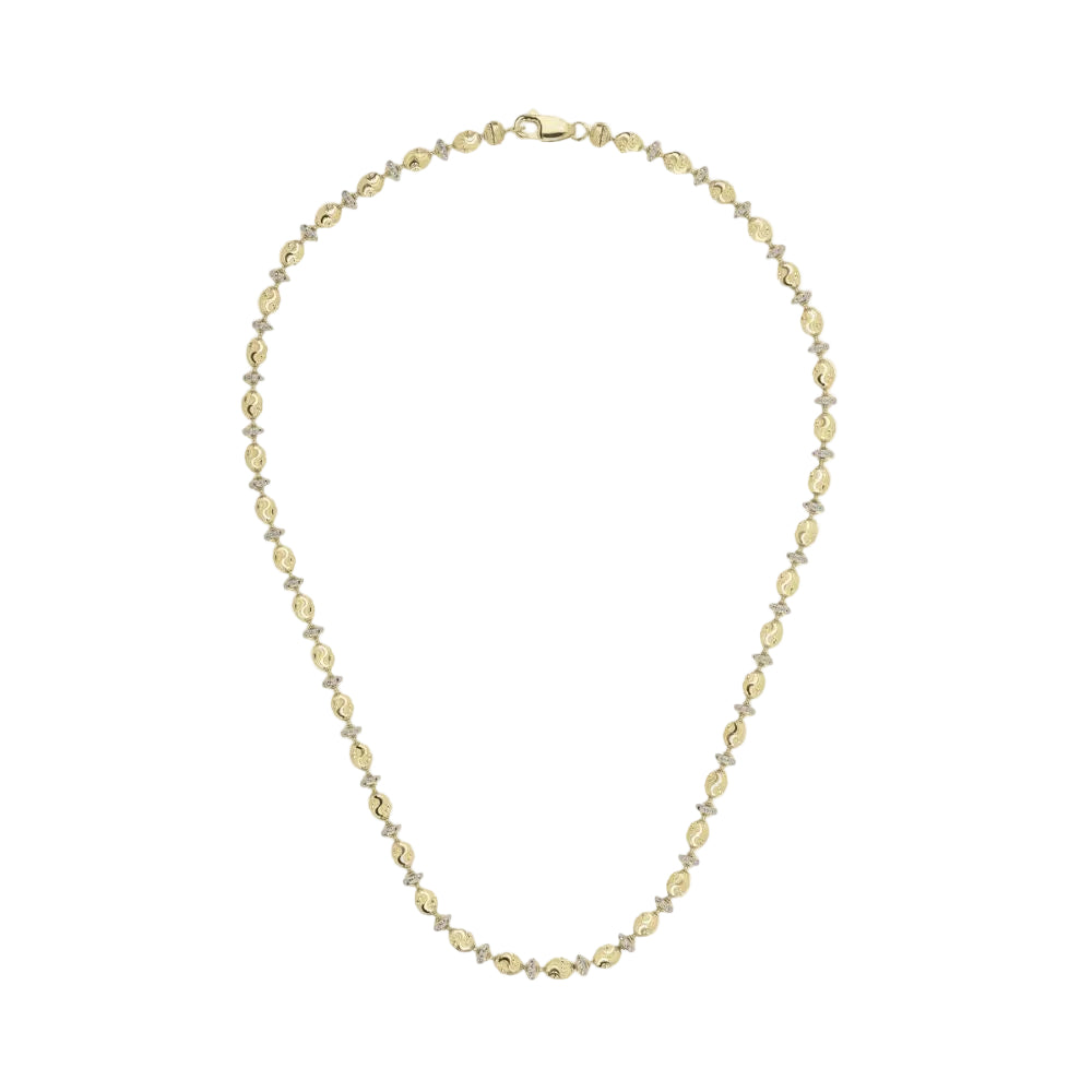 Gold necklace with small beads on a white background