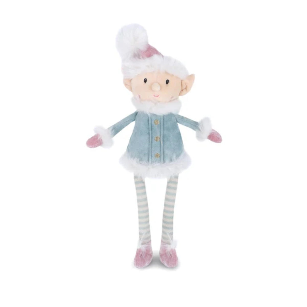 A plush Christmas elf doll with a pale peach face, wearing a light blue velvet jacket with white faux fur trim, striped green and white tights, and pink shoes, set against a plain white background.