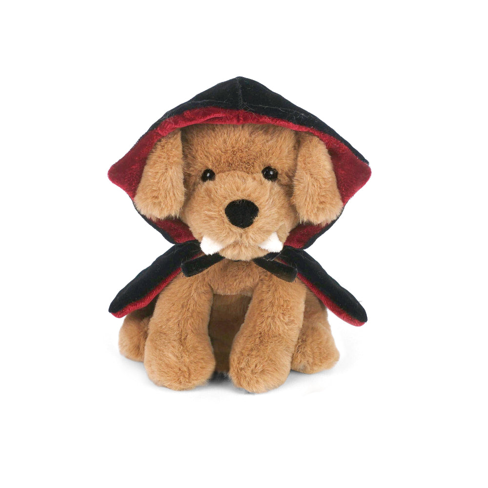 Plush toy dog with a red and black hood on a white background