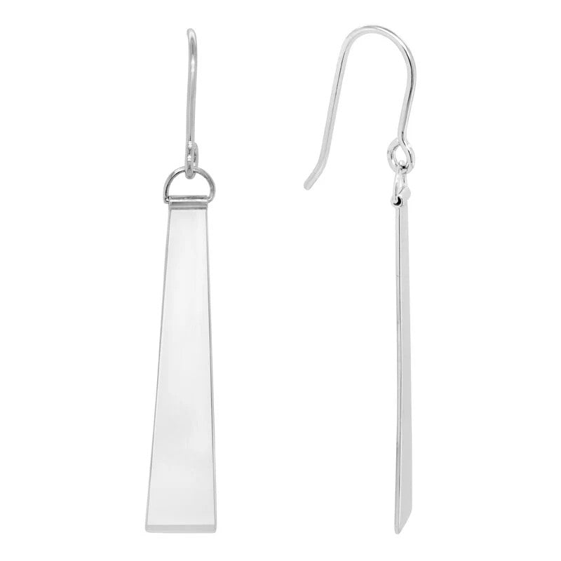 A pair of minimalist silver drop earrings with a flat, tapered rectangular bar hanging from a simple fishhook ear wire
