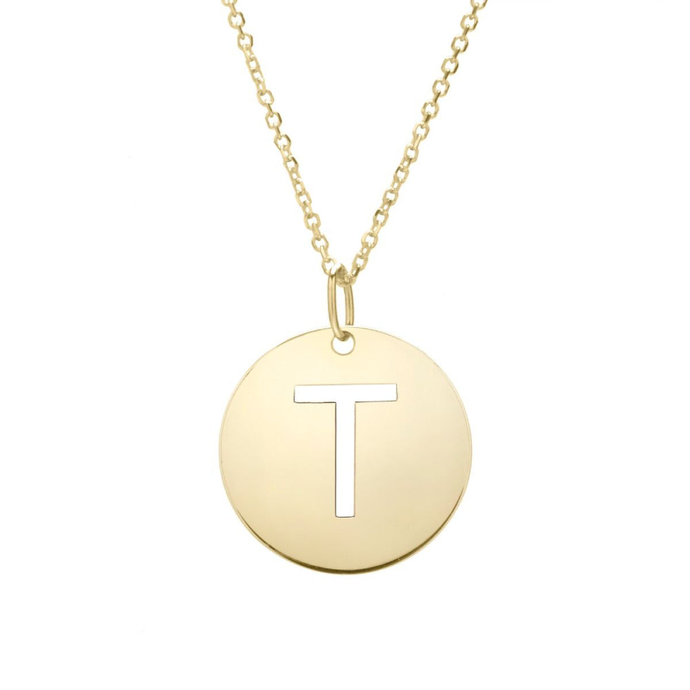 Yellow gold initial "T" pendant on a white background