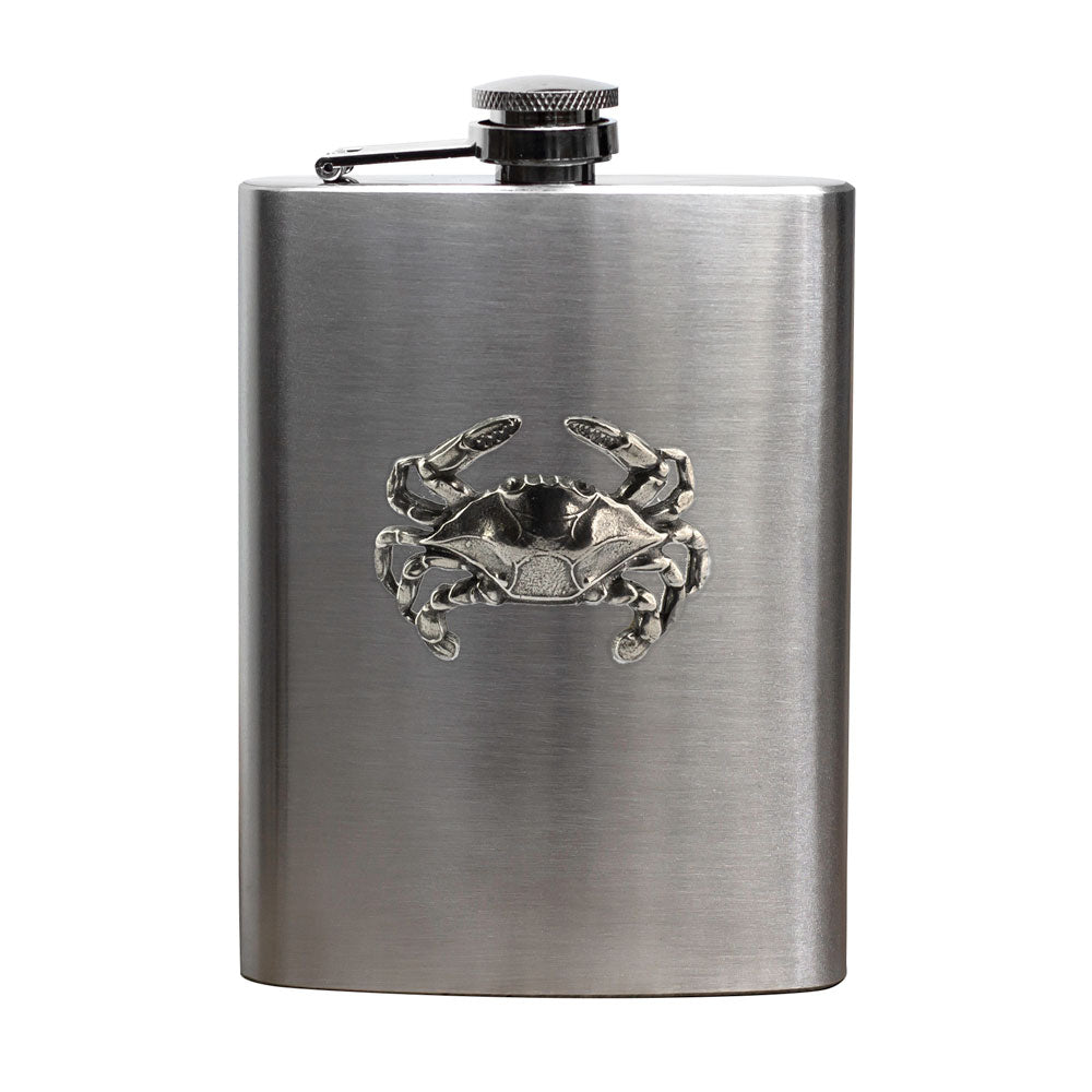 Stainless steel flask with silver crab emblem on the front on a white background