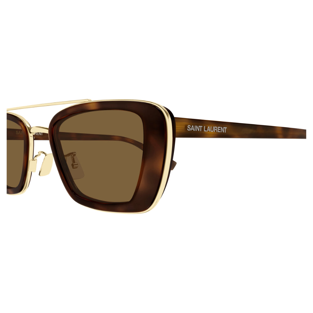 Saint Laurent square sunglasses with a brown tortoiseshell acetate frame, gold metal trim, and brown lenses, shown on a plain white background.