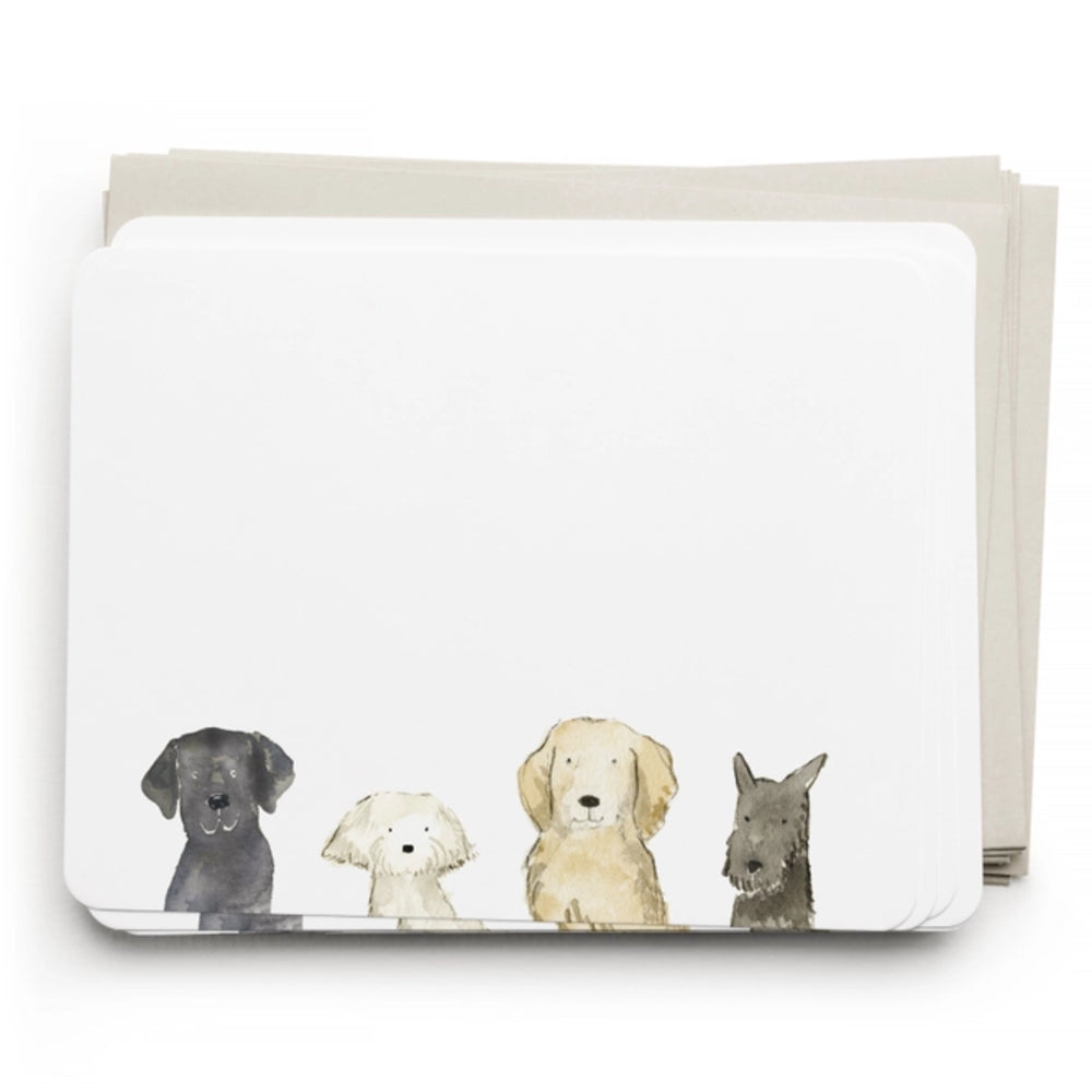 Notecards with illustrations of four dogs on a white background.