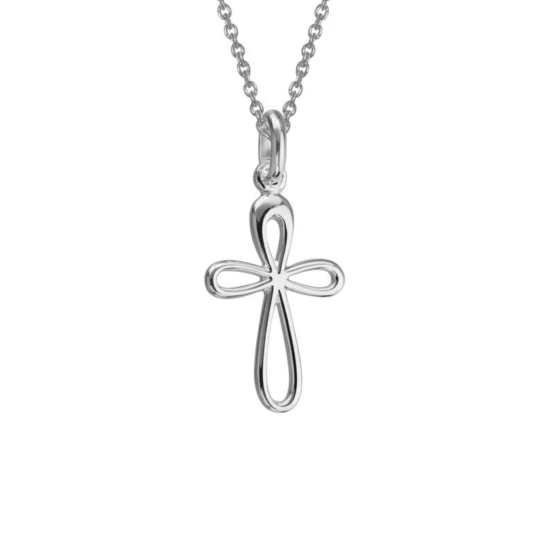 Silver cross pendant on a chain against a white background