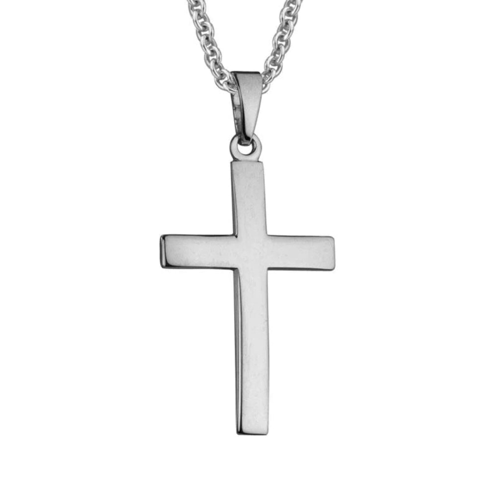 A sterling silver domed cross pendant necklace on a chain.