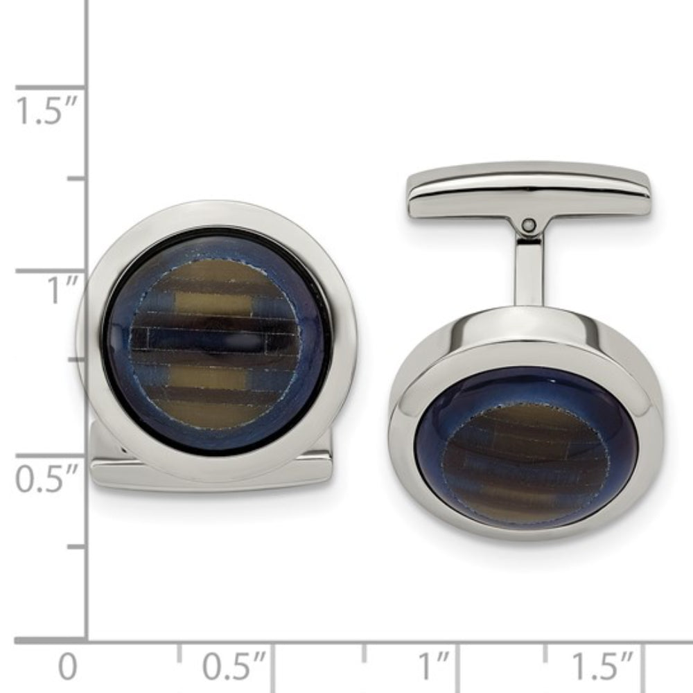 Stainless Steel Polished Blue and Brown Cat's Eye Circle Cufflinks