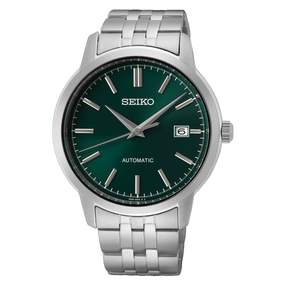 Seiko watch with green dial and silver metal bracelet on a white background