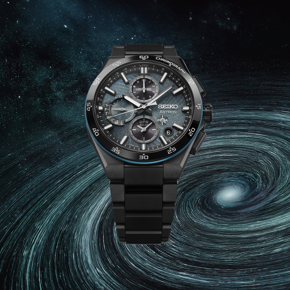 Black Seiko watch against a cosmic background