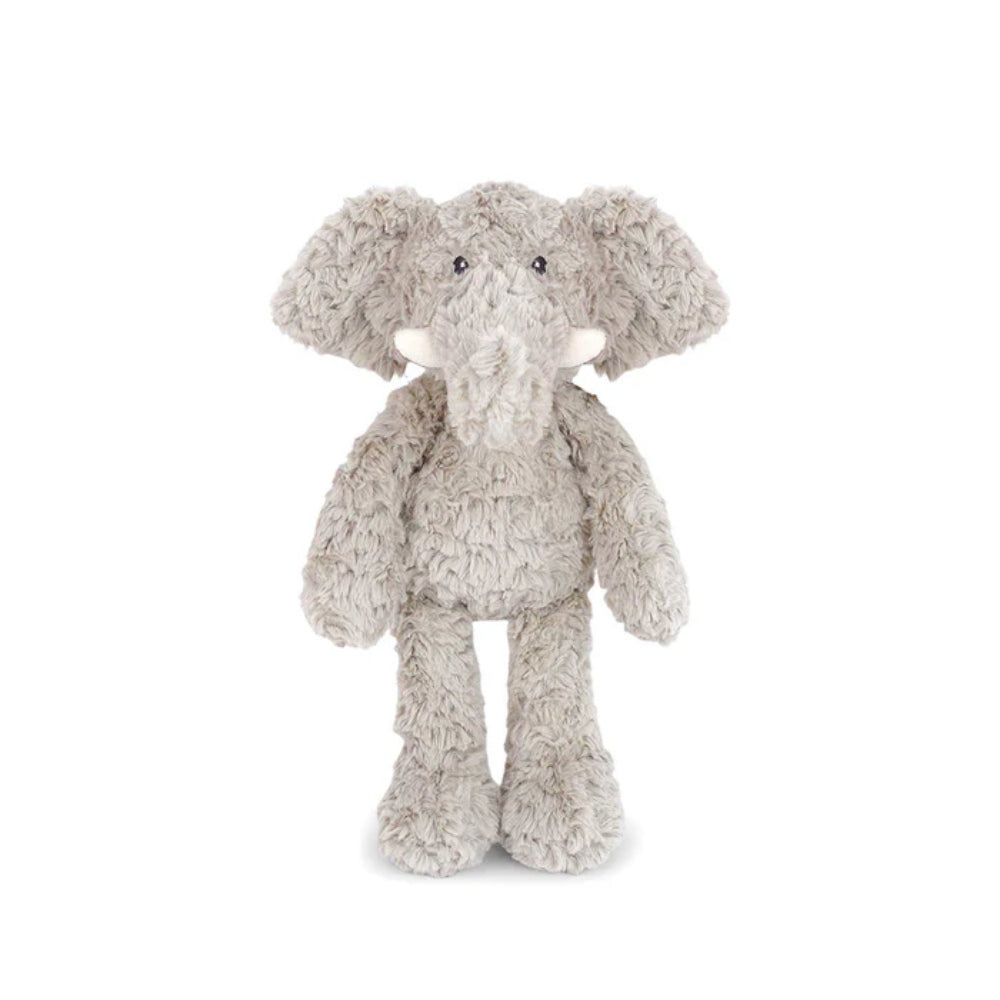 Grey Elephant stuffed animal on a white backround.