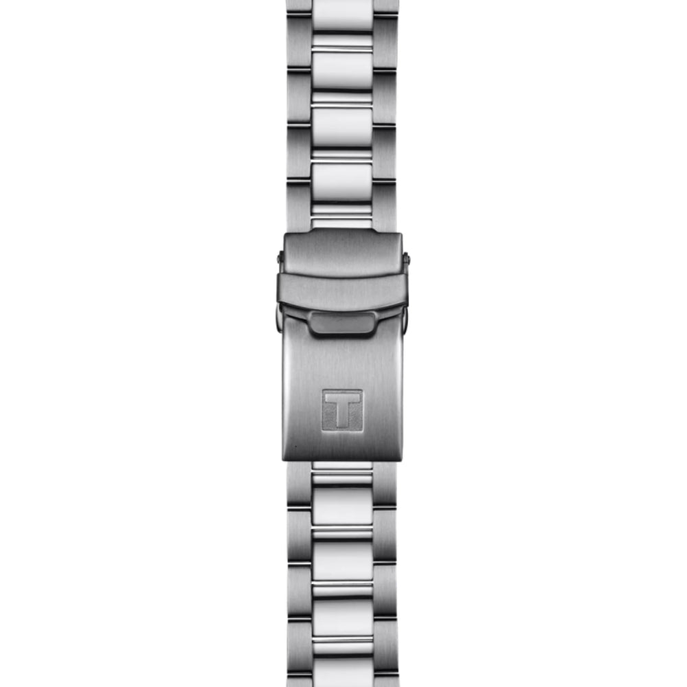 Silver watch strap on a white background