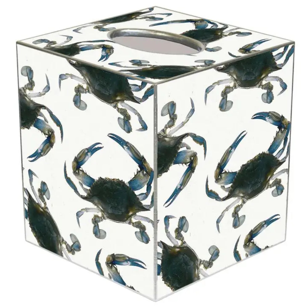 A tissue box cover on a white background with a surrounding crab design.