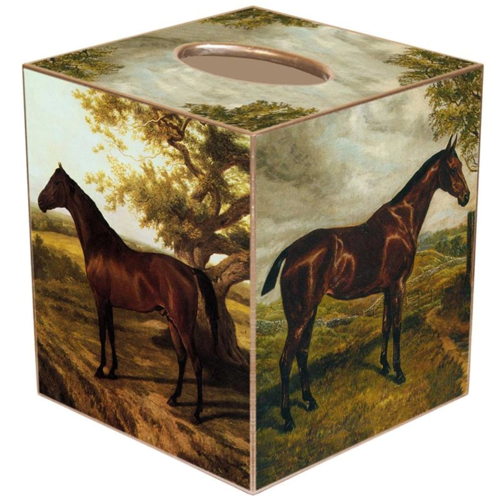 A decorative tissue box cover featuring artwork of two horses in a landscape setting.