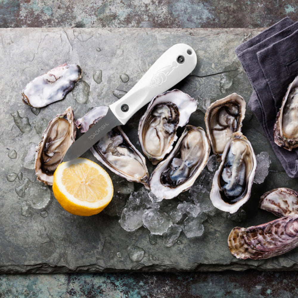 Small oyster knife with a white handle and metallic blade on a pile of oysters on ice with a lemon on a grey concerte background.