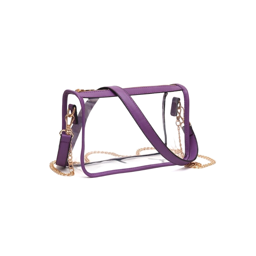 A purple clear plastic crossbody bag with a purple strap and a gold chain strap, shown on a plain white background.