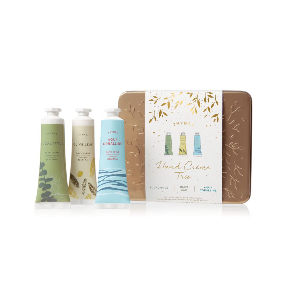 Thymes Hand Cream Trio: Eucalyptus, Olive Leaf & Aqua Corraline