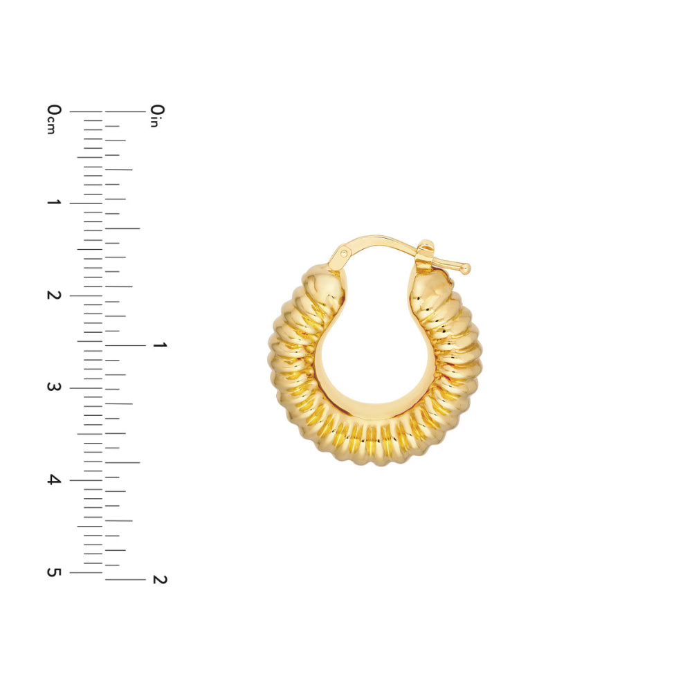 14k Gold Puff Ribbed Hoop Earrings