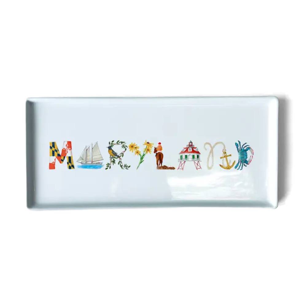 A white rectangular ceramic serving platter featuring the word 'MARYLAND' spelled out in colorful, nautical-themed lettering, shown against a plain white background.