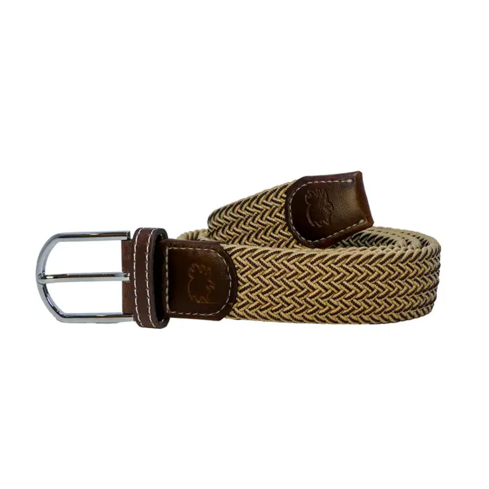 Medium Woven belt with brown leather strap and silver buckle on a white background