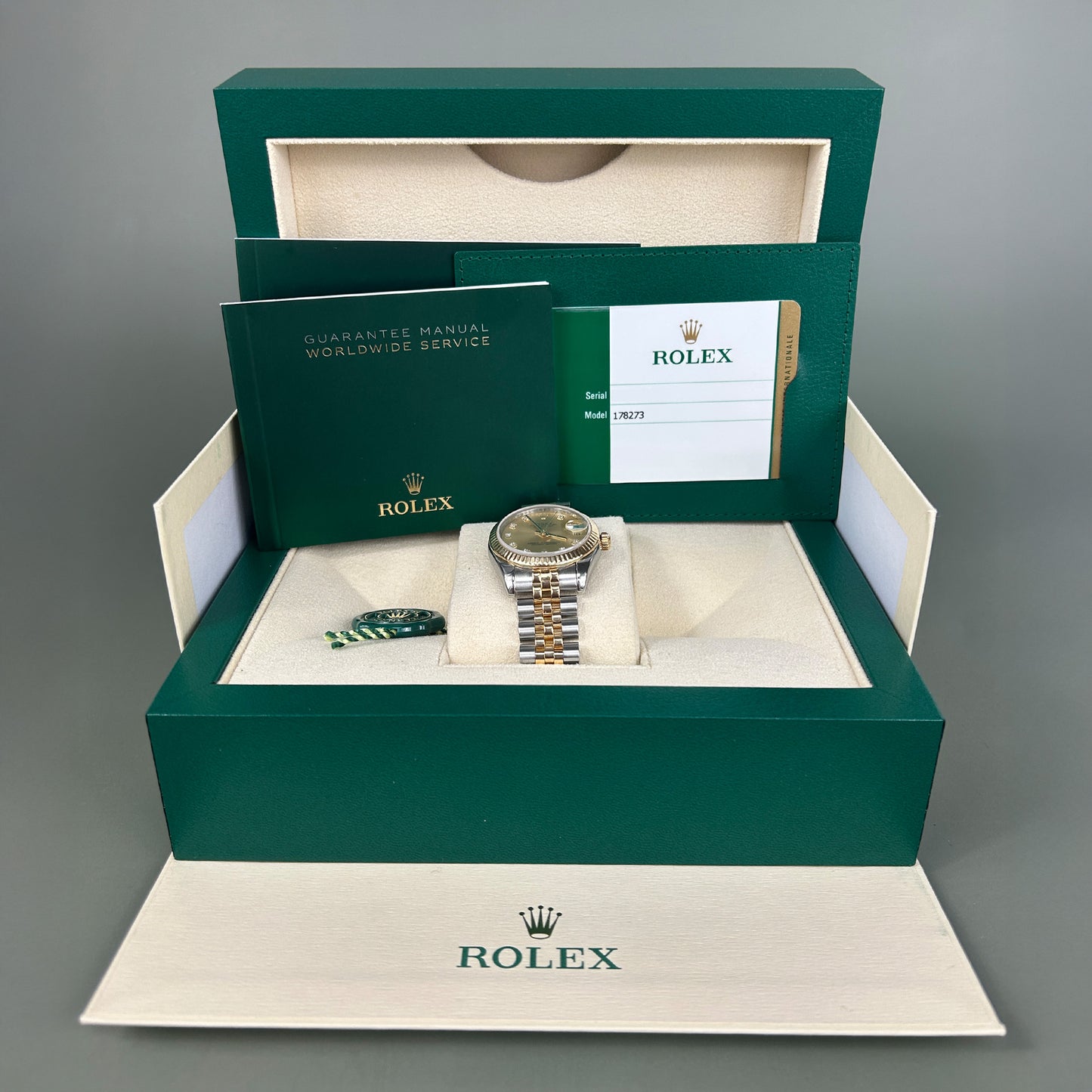 Estate Rolex Two Tone Ladies OPDJ Champagne Diamond Dial 178273 W/Box & Card C.2015