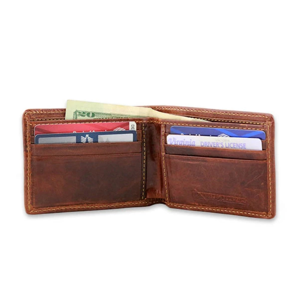 Brown leather wallet with card slots and money pocket on a white background