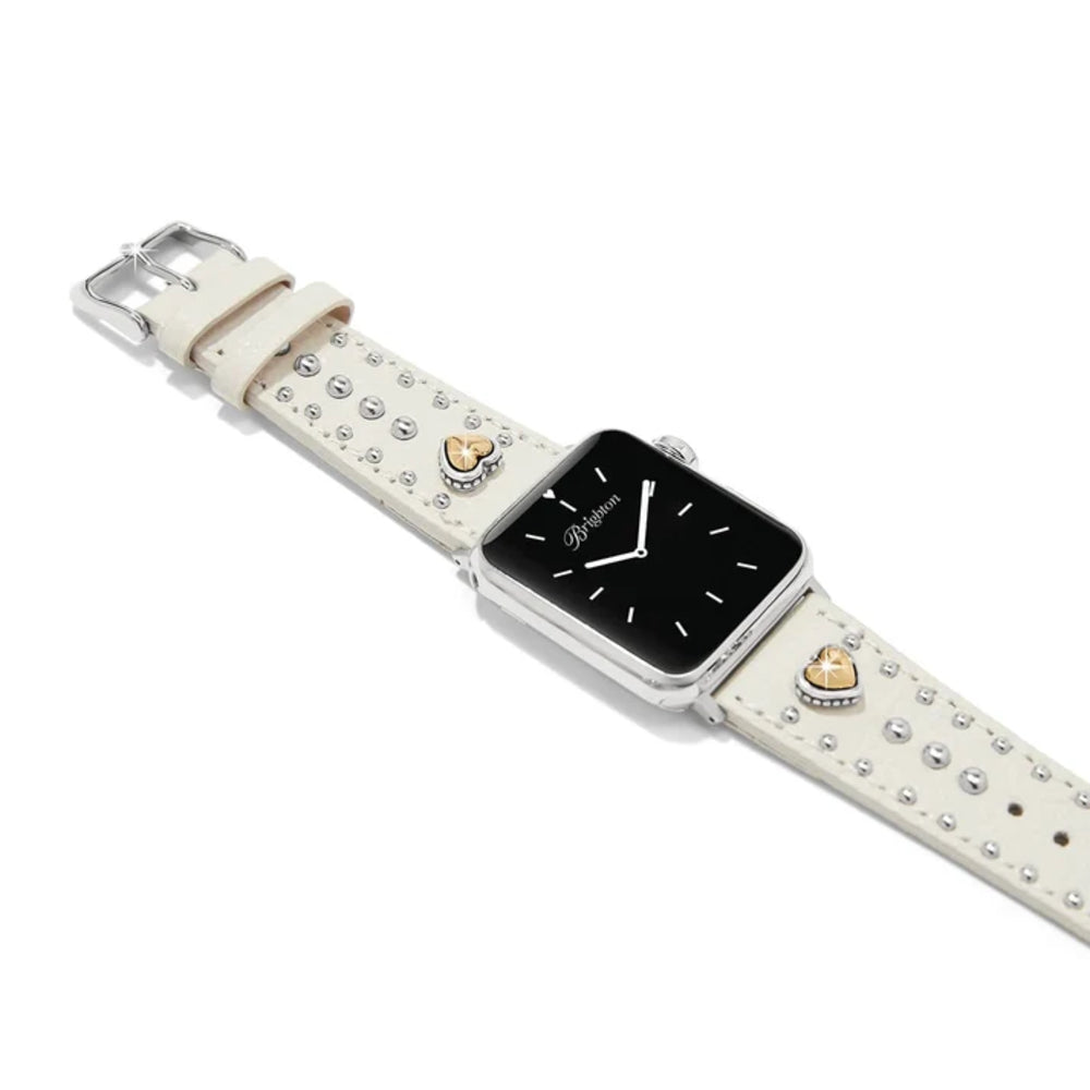 Smartwatch with a decorative white strap featuring heart and star designs on a white background