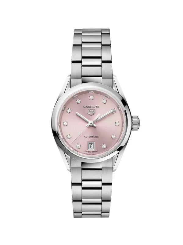 A Carrera women's automatic watch featuring a polished silver-tone stainless steel bracelet and case with a soft pink dial, crystal hour markers, and a date window at the 3 o'clock position.