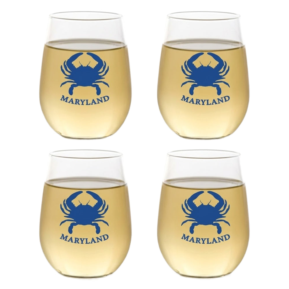 Four stemless wine glasses with blue crab design and 'Maryland' text, filled with a light yellow liquid.