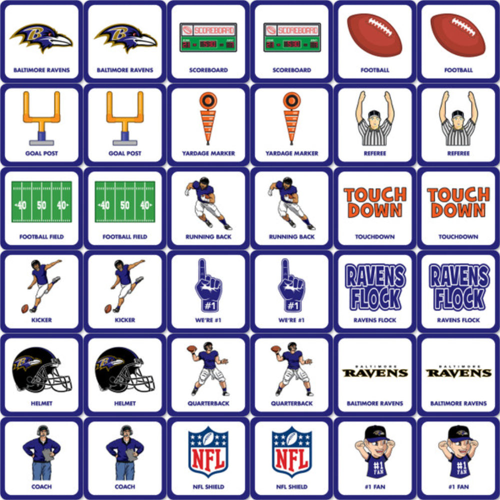 A bunch of NFL ravens playing cards for a matching game