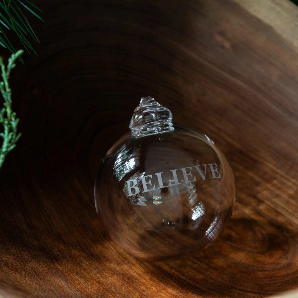 Simon Pearce Engraved "Believe" Round Ornament in Gift Box