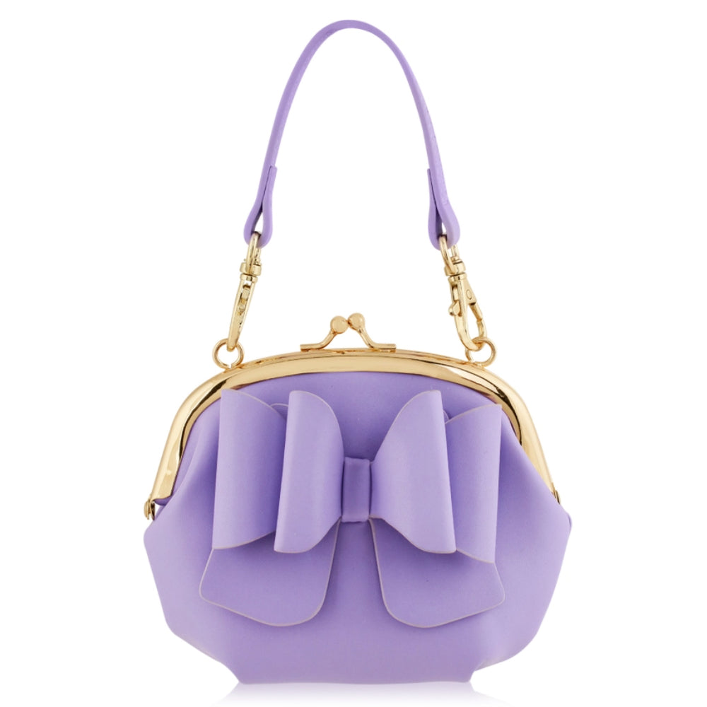 Purple handbag with a large bow and gold clasp on a white background