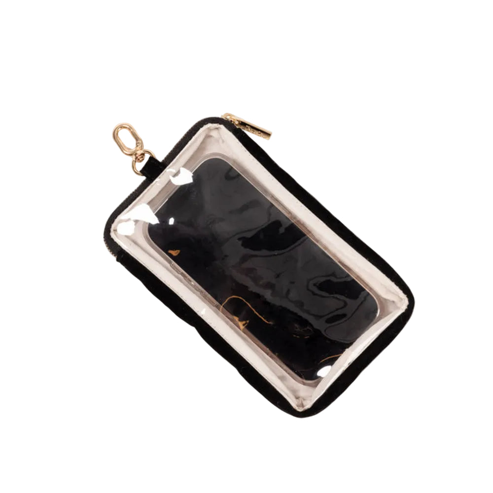 A rectangular clear pouch with a black velvet trim and a gold-tone zipper pull, shown on a plain white background.