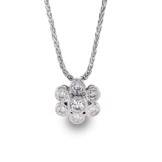 Estate 14k White Gold Bezel Set Floral Design Diamond Pendant Necklace