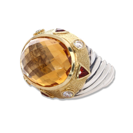 Estate David Yurman Sterling Silver and 18k Yellow Gold Multi Stone Ring