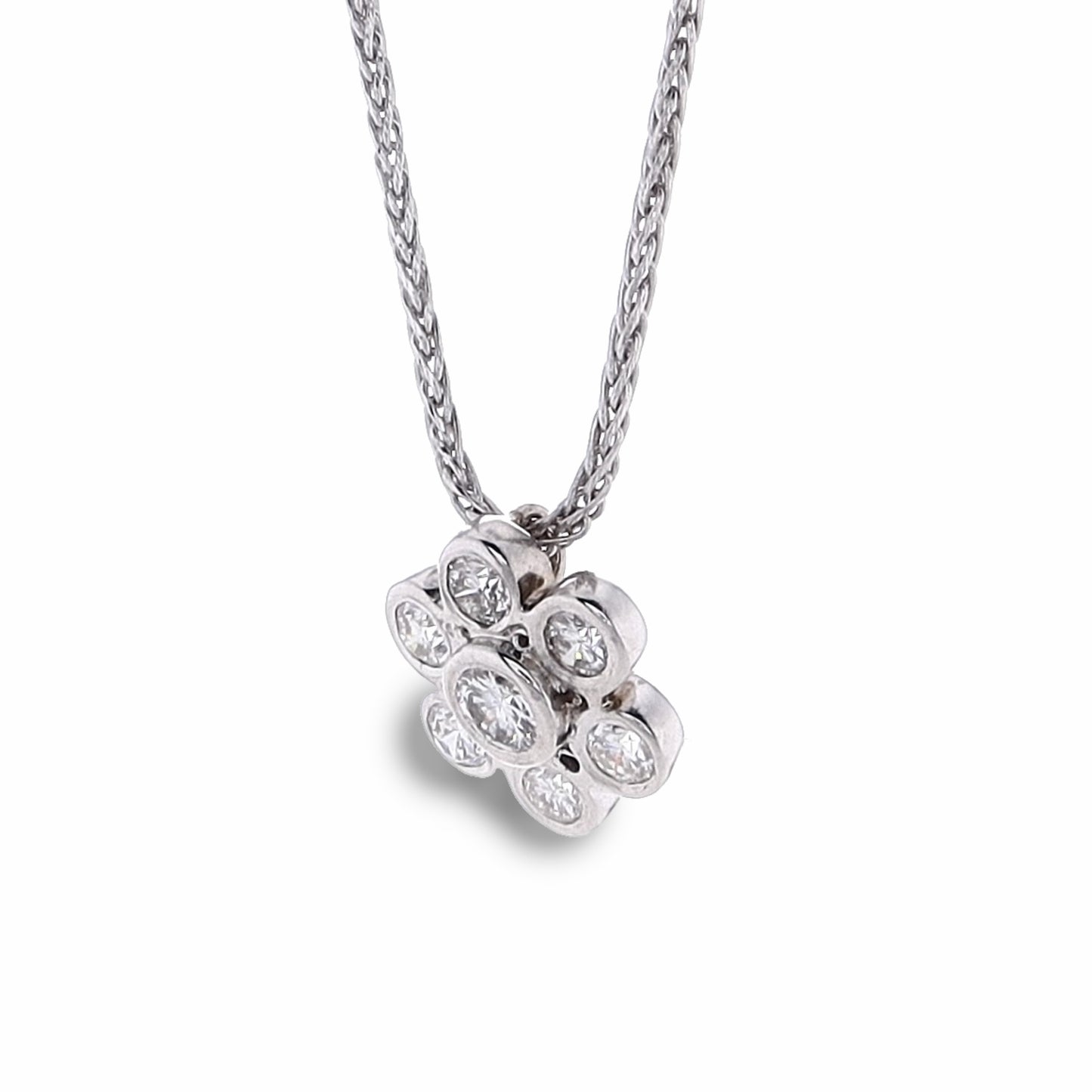 Estate 14k White Gold Bezel Set Floral Design Diamond Pendant Necklace