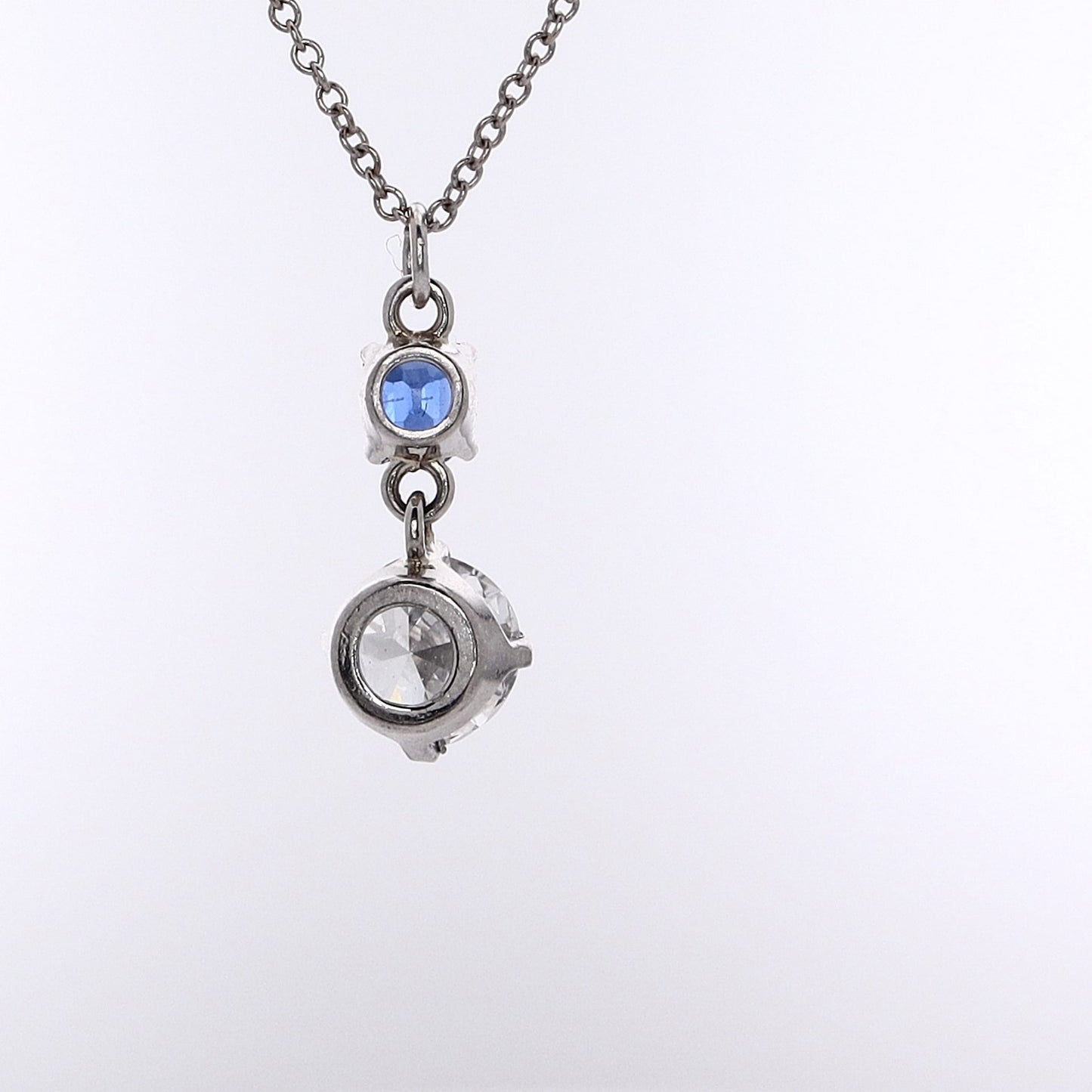 Estate Platinum and 18 Karat White Gold Diamond and Sapphire Dangle Pendant Necklace