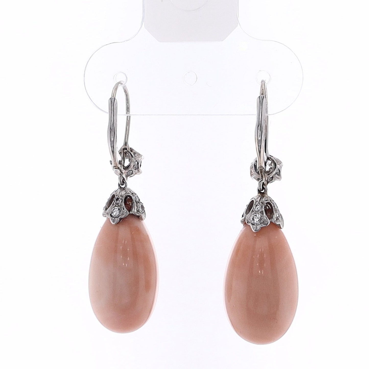 Estate 18 Karat White Gold Coral and Diamond Drop Earrings