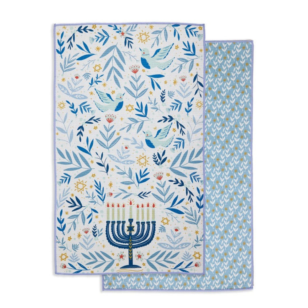 Two decorative towels with blue Menorah design on a white background