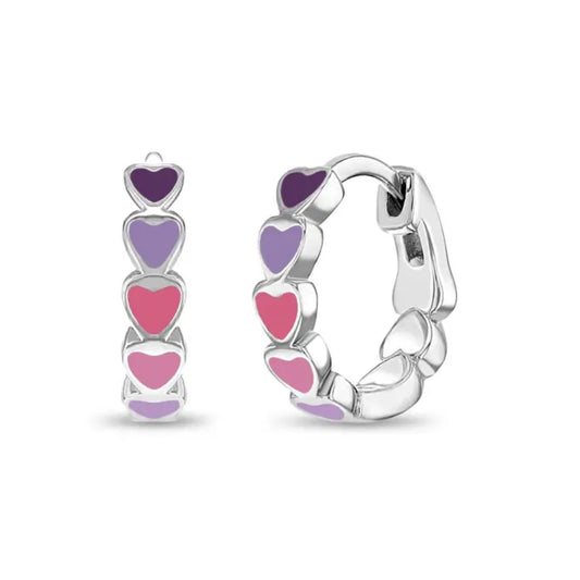 Children's Sterling Silver & Purple Enamel Heart Huggie Hoop Earrings