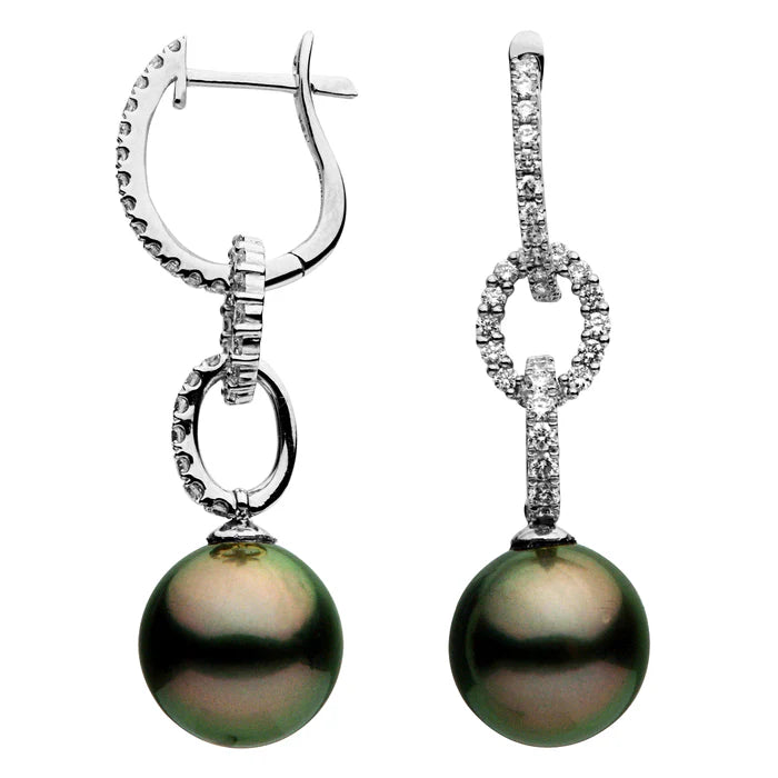14k Gold Tahitian Pearl & Diamond Drop Earrings