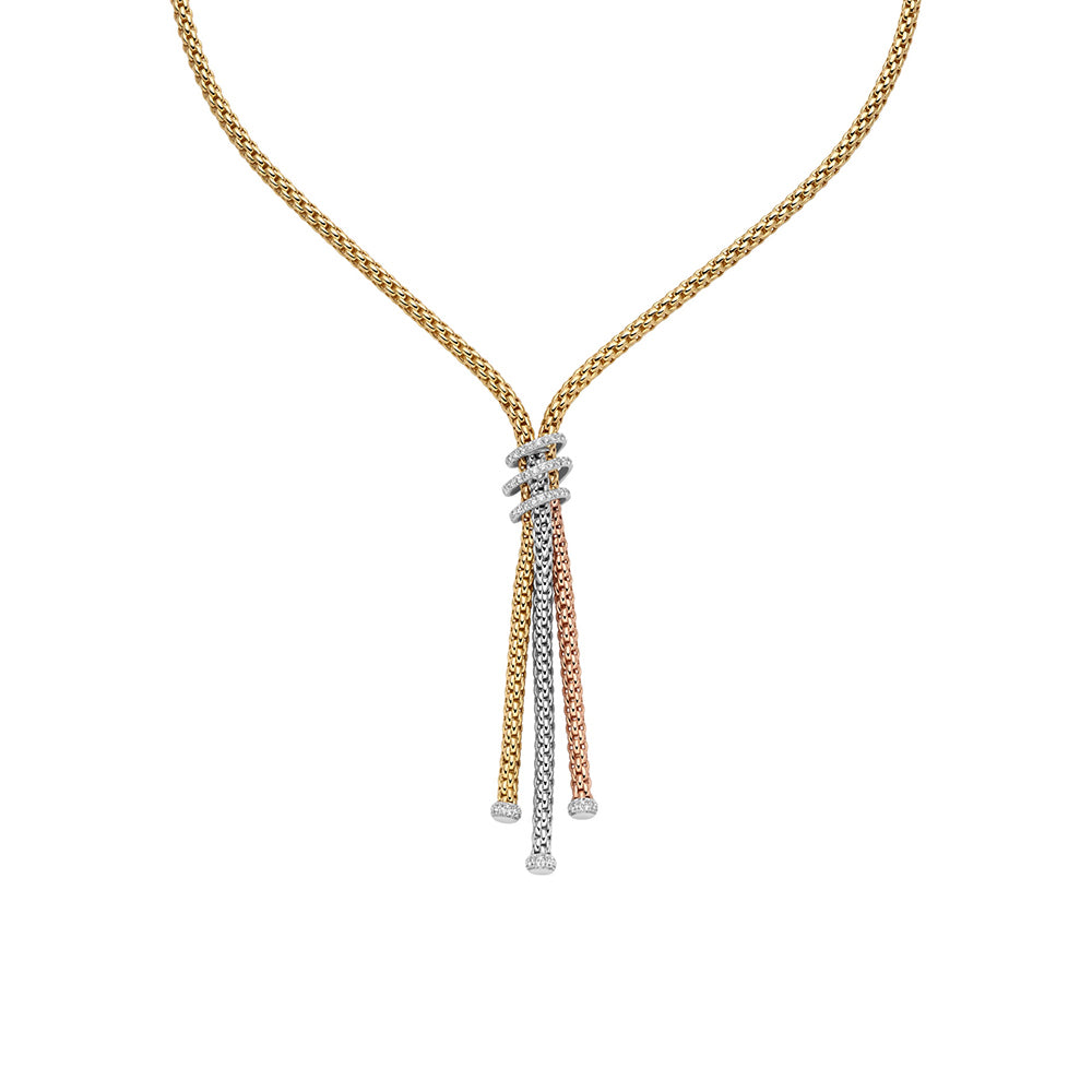 A luxury Y-shaped necklace featuring a gold chain that splits into three cascading strands in yellow gold, white gold, and rose gold, each adorned with small pavé-set diamonds.