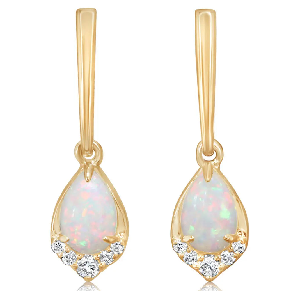 A pair of 14k gold drop earrings featuring pear-shaped opal stones with smaller diamond accents at the bottom.