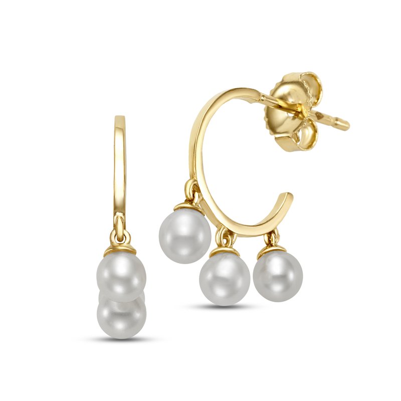 Gold hoop drop earrings with three white pearl drops on each earring, shown on a clean white background.