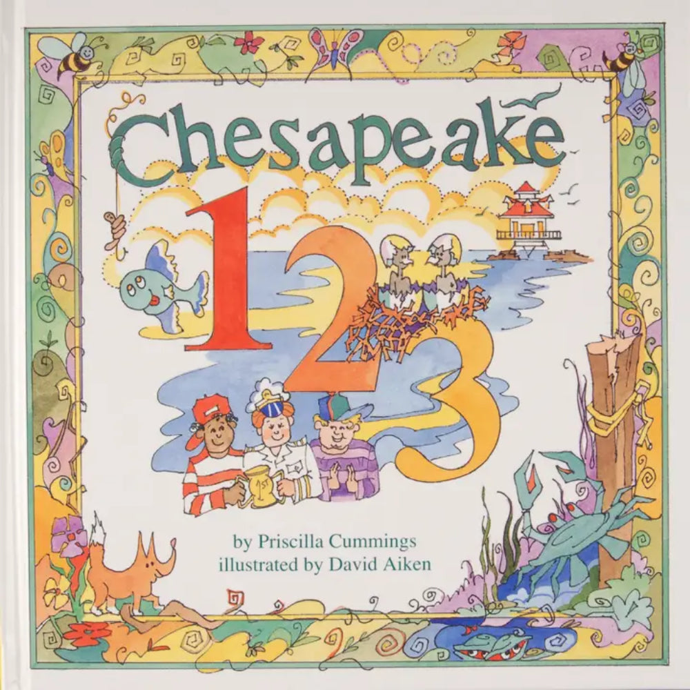 Cover of the 'Chesapeake 1-2-3' book featuring colorful illustrations of children, animals, and scenery related to the Chesapeake Bay area.
